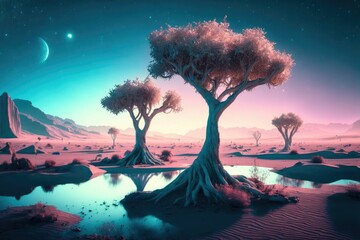 Wall Mural - Fluffy glowing alien trees on the surface of a planet ,made with Generative AI