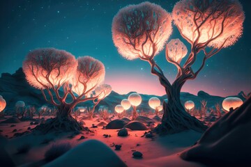 Wall Mural - Fluffy glowing alien trees on the surface of a planet ,made with Generative AI