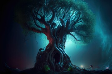 Wall Mural - Alien landscape with tree of life, night sky background ,made with Generative AI