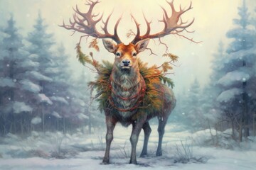 Wall Mural -  christmas deer christmas art Merry Christmas and Happy Holidays greeting card, frame, banner. New Year. Winter xmas holiday theme