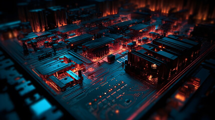 a computer circuit board with red and blue lights ,generative ai