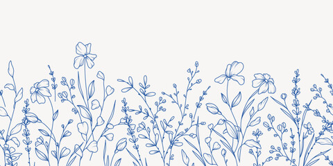 botanical seamless border with trendy meadow greenery and flowers. hand drawn thin line art style pa