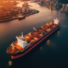 Wall Mural - Aerial view oil and gas tanker cargo ship offshore at the port, Industry refinery fuel chemical  transportation of international by container. generative ai