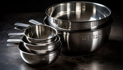 Poster - Clean stainless steel colander with silver spoon in empty kitchen generated by AI