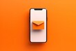 Mobile phone with envelope on screen isolated on orange background, Concept of sending and receiving email by cell phone, Generative AI