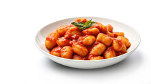 Delicious Plate Of Gnocchi With Tomato Sauce Isolated On A White Background.