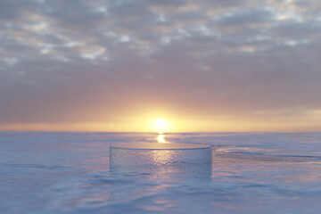 Wall Mural - Abstact 3d render winter scene and Natural background, Ice podium on the frozen ocean floor backdrop sky and clouds on sunset for product display, advertising, mockup, cosmetic or etc