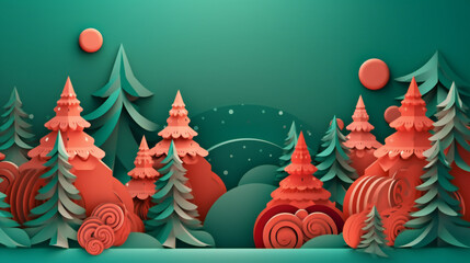 Minimal scene with, balls and pine trees, podium. Midnight green, red shapes. For christmas holiday winter concep  magazines, poster, paper. Space for text, winter, holidays, Christmas Generation AI