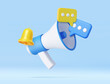3D Megaphone with speech bubble and bell notification.