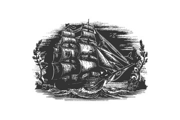 Wall Mural - Pirate ship sailboat retro sketch hand drawn engraving. Vector illustration desing.