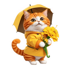 4D cute yellow cat in raincoat with umbrella and flowers sticker.