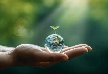 Hands holding earth globe and growing tree. Arbor Day. Environment, save clean planet, ecology concept. Earth Day banner with copy space. generative ai