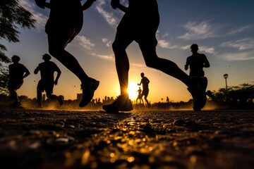 Joggers running on road. Runner silhouettes at sunset. Group of people jogging outdoors. Marathon athletes training. Sport activities. Created with Generative AI