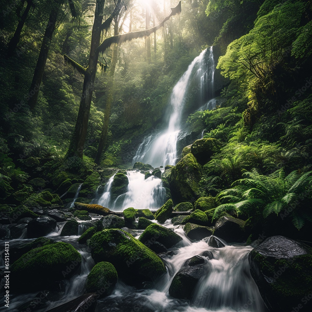 Stunning image of a majestic waterfall cascading down a lush forest ...