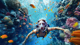 Fototapeta Do akwarium - Scuba diver woman swimming in the under water sea , 
Created with Generative Ai Technology