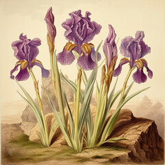 Wall Mural - beautiful bunch of iris germanica plants in natural environment. Botanical illustration, victorian style on creamy paper  background