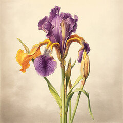 Wall Mural - Beautiful purple-orange iris flower as in vintage botanical illustrations, victorian still life on creamy paper  background