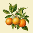 Orange or citrus sinensis plant with fruits and flowers as in the vintage botanical illustrations, victorian still life on creamy paper  background