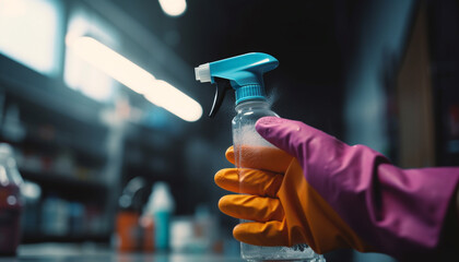 Poster - One person holding bottle, spraying liquid with protective glove indoors generated by AI