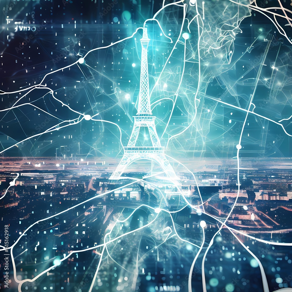 Paris blue themed big data concept illustration, mixing map and ...
