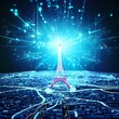 Paris blue themed big data concept illustration, aerial panorama view with Eiffel tower top as beacon
