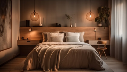 A cozy, modern bedroom with luxurious bedding and elegant decor generated by AI
