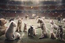 Dogs Play Football With Cats In Football Field, Generative AI.