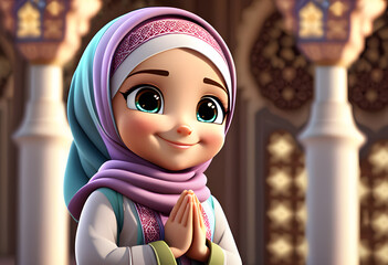 3d character muslim hijab girl pray at mosque