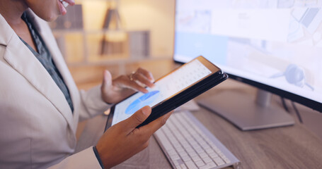 Aufkleber - Chart, business and tablet with hands of woman in office for website, branding and digital marketing. Review, night and corporate with employee at computer for planning, proposal and commitment