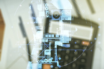 Poster - Double exposure of creative human head microcircuit hologram on calculator and papers background. Future technology and AI concept