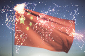 Poster - Multi exposure of abstract graphic world map hologram on flag of China and blue sky background, connection and communication concept