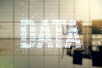 Aufkleber - Data word hologram on a modern boardroom background, big data and blockchain concept. Multiexposure