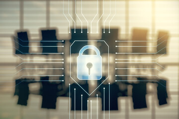 Aufkleber - Double exposure of virtual creative lock hologram with chip on a modern meeting room background. Information security concept