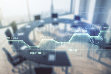 Poster - Multi exposure of abstract statistics data hologram interface on a modern furnished office interior background, computing and analytics concept