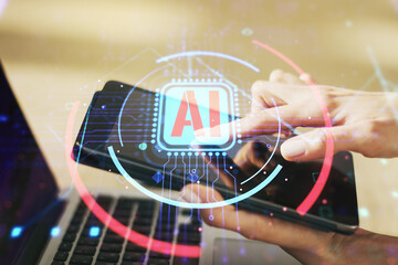 Aufkleber - Double exposure of creative artificial Intelligence abbreviation and hand working with a digital tablet on background. Future technology and AI concept