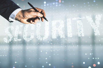 Aufkleber - Male hand with pen draws virtual cyber security creative concept on blurred office background. Double exposure