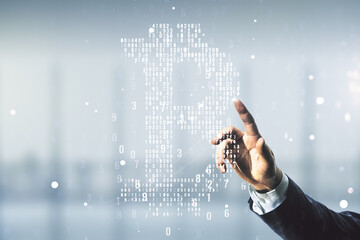 Poster - Man hand clicks on virtual Bitcoin sketch on blurred office background. Double exposure