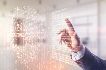 Poster - Man hand clicks on abstract virtual code skull hologram on blurred office background, cybercrime and hacking concept. Multiexposure