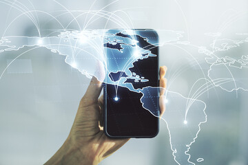 Poster - Double exposure of abstract digital world map with connections and hand with cellphone on background, big data and blockchain concept