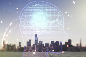 Poster - Double exposure of creative human head microcircuit hologram on San Francisco office buildings background. Future technology and AI concept