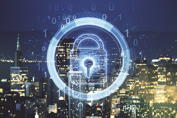 Poster - Double exposure of virtual creative lock hologram with chip on San Francisco city skyscrapers background. Information security concept