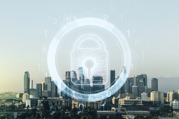 Aufkleber - Double exposure of virtual creative lock hologram with chip on Los Angeles city skyscrapers background. Information security concept