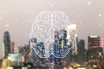 Poster - Virtual creative artificial Intelligence hologram with human brain sketch on blurry skyline background. Multiexposure