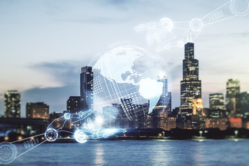 Aufkleber - Abstract virtual robotics technology hologram with globe sketch on Chicago skyline background. Robot development and automation concept. Multiexposure