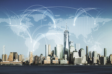 Poster - Double exposure of abstract digital world map hologram with connections on New York city skyscrapers background, research and strategy concept