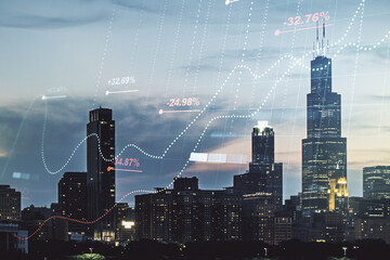 Poster - Multi exposure of abstract statistics data hologram interface on Chicago office buildings background, computing and analytics concept