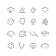 Vector line set of icons related with steam. Contains monochrome icons like steam, smell, smoke, cloud, fume and more. Simple outline sign.