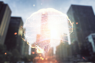 Poster - Virtual creative artificial Intelligence hologram with human brain sketch on office buildings background. Multiexposure