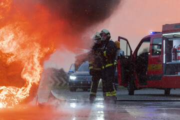 Firefighters using water fire extinguisher to fighting with the fire flame in car accident. Firefighter industrial and public safety concept rescue in night. 