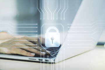 Poster - Creative lock illustration with microcircuit and hands typing on computer keyboard on background, cyber security concept. Multiexposure